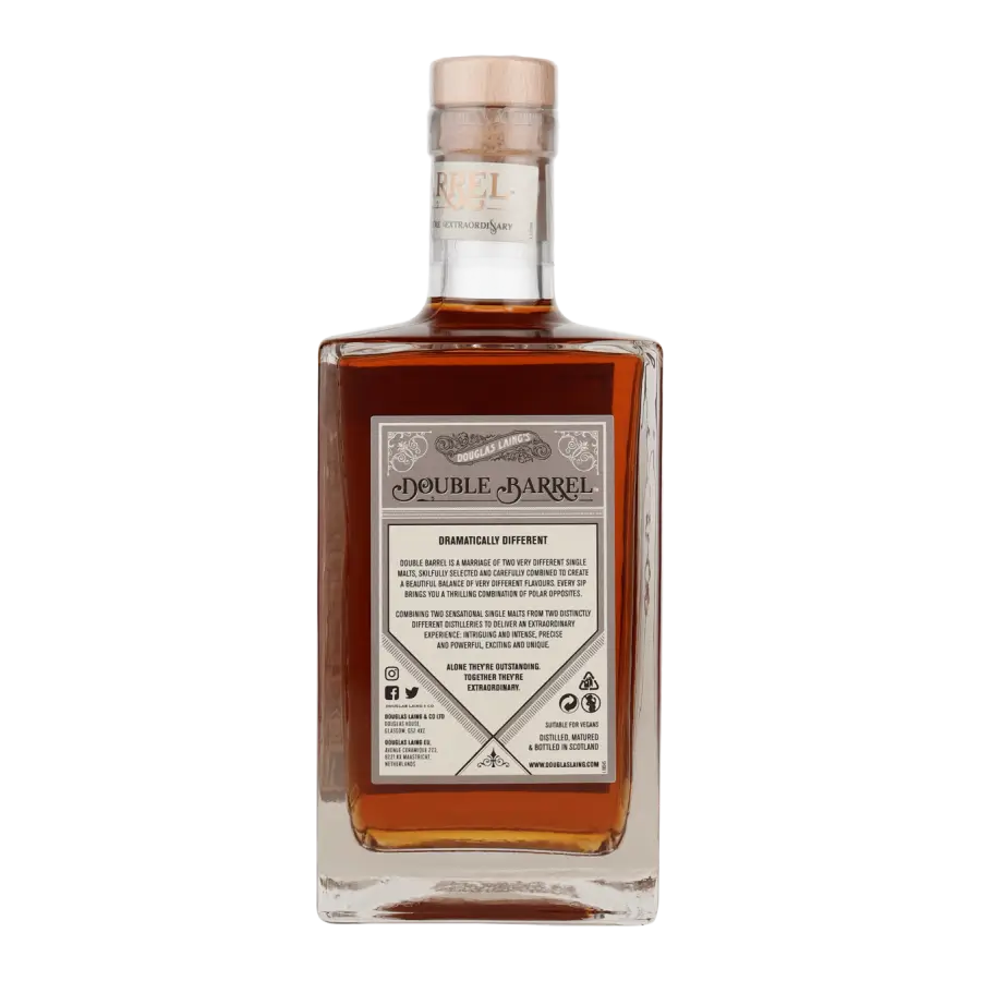 Rückseite Double Barrel Bowmore und Blair Athol 10 Jahre Blended Malt Whisky