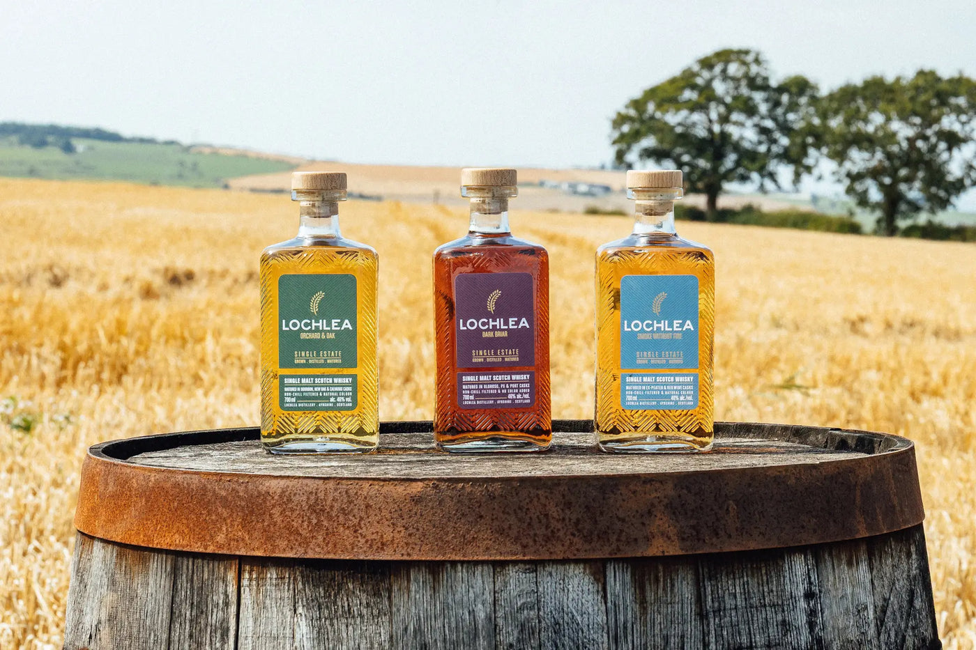 Lochlea Orchard & Oak, Lochlea Dark Briar und Lochlea smoke without fire Single Malt Whiskys auf einem Holzfass vor einem Gerstenfeld