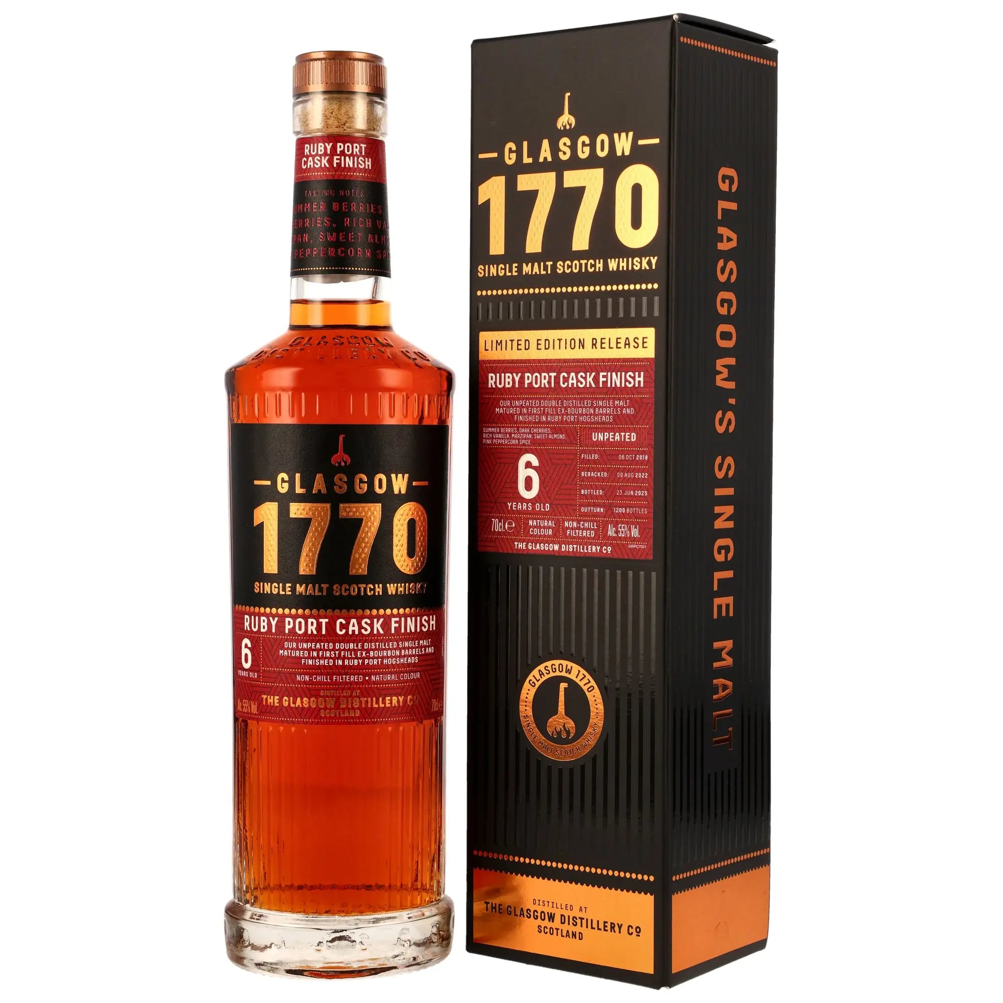 Vorderseite der Flasche und Verpackung vom 1770 Glasgow Ruby Port Cask Finish 6 Jahre 2018/2025 Lowland Single Malt Whisky