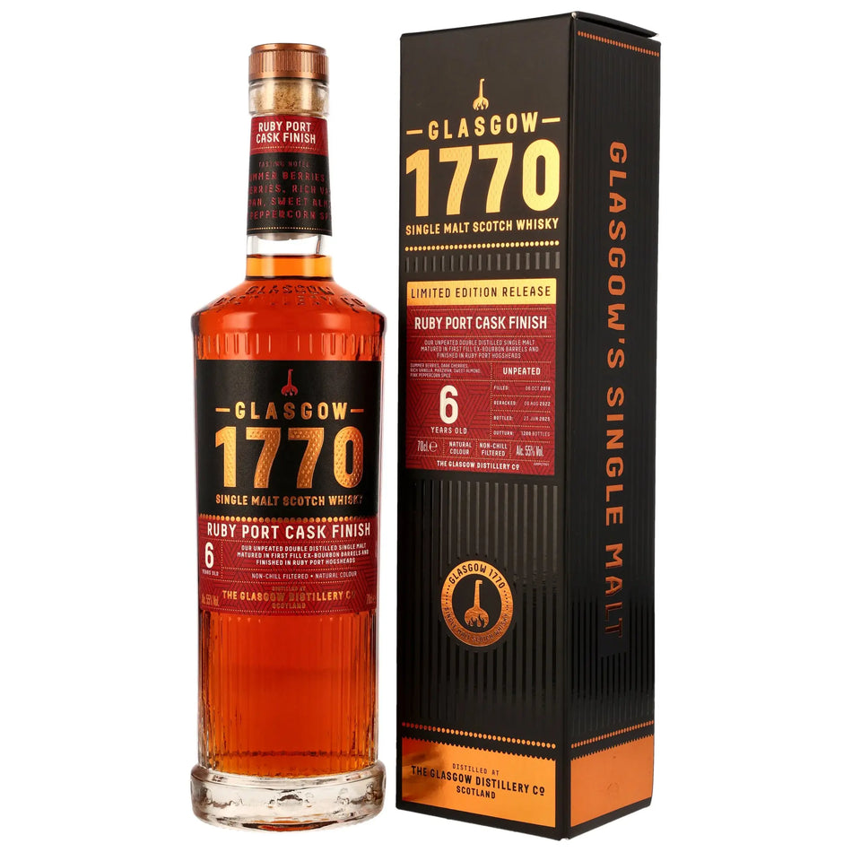 Vorderseite der Flasche und Verpackung vom 1770 Glasgow Ruby Port Cask Finish 6 Jahre 2018/2025 Lowland Single Malt Whisky