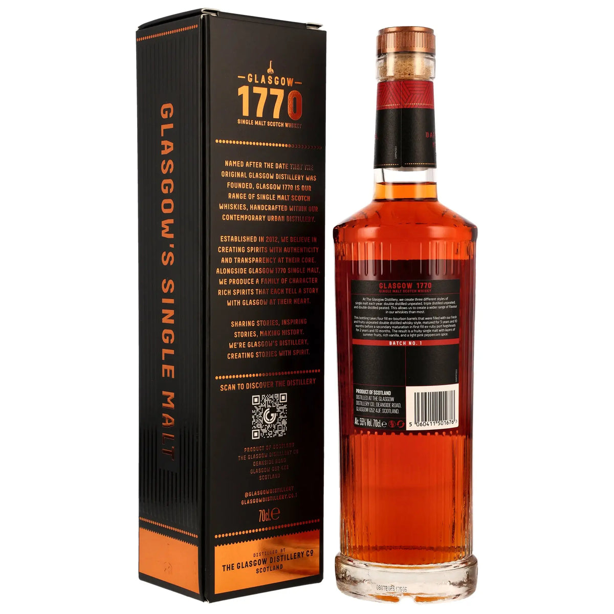 Rückseite der Flasche und Verpackung vom 1770 Glasgow Ruby Port Cask Finish 6 Jahre 2018/2025 Lowland Single Malt Whisky
