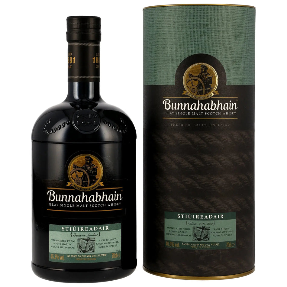 Vorderseite der Whiskyflasche Bunnahabhain Stiùireadair Islay Single Malt Whisky mit Verpackung