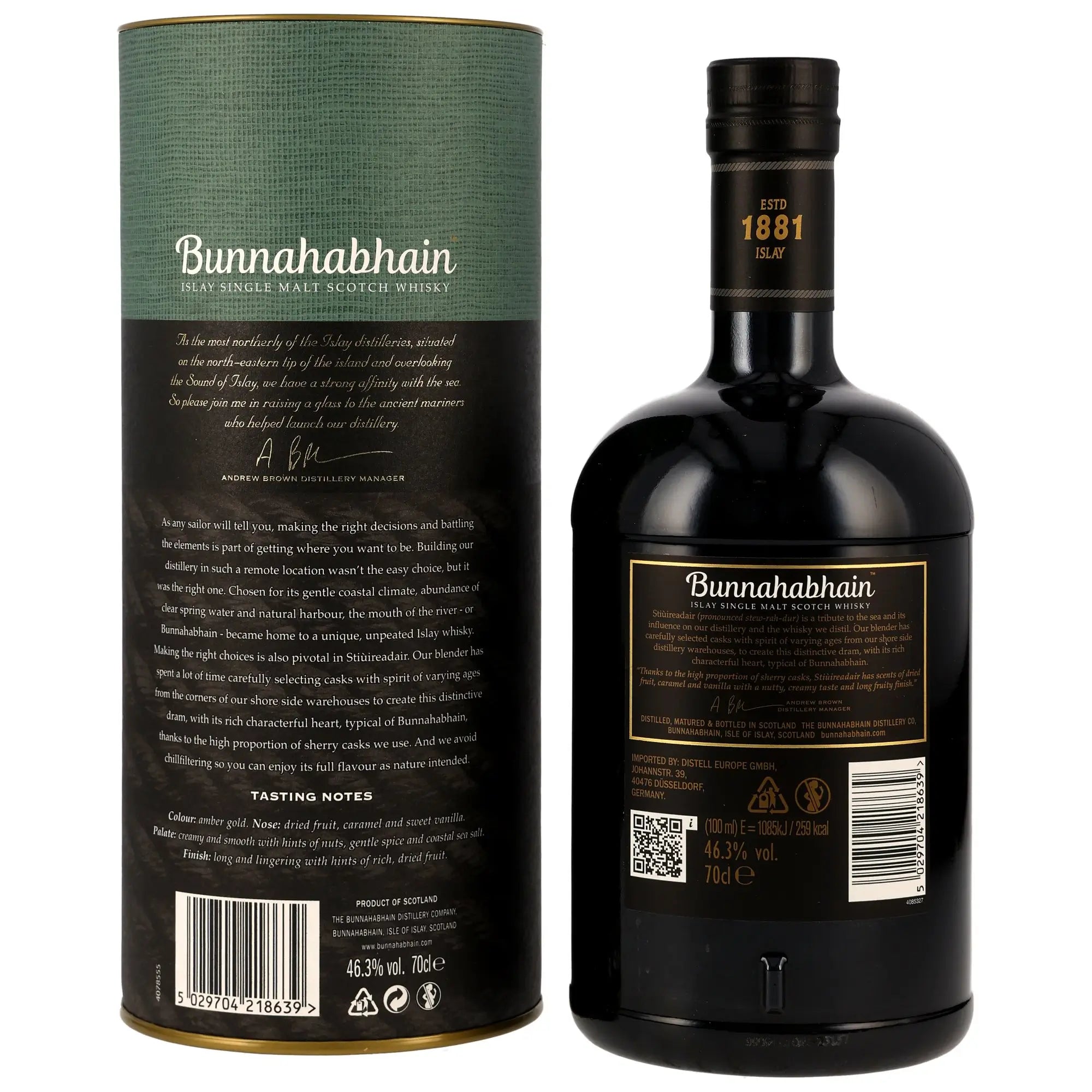 Rückseite der Whiskyflasche Bunnahabhain Stiùireadair Islay Single Malt Whisky mit Verpackung