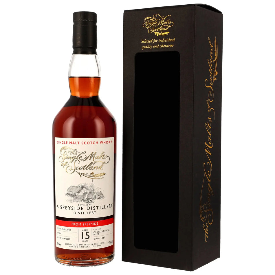 Vorderseite und Verpackung der Whiskyflasche A Speyside Distillery 15 Jahre 2009/2025