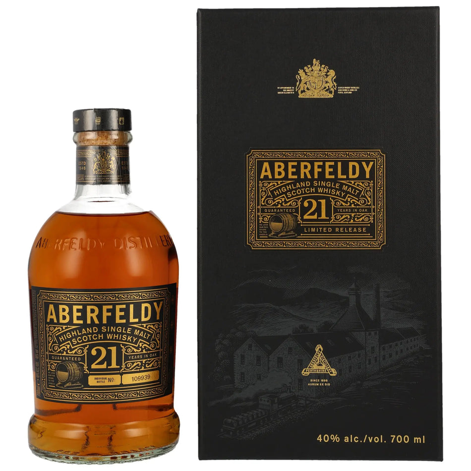Vorderansicht Aberfeldy 21 Jahre Highland Single Malt Scotch Whisky mit Geschenkverpackung