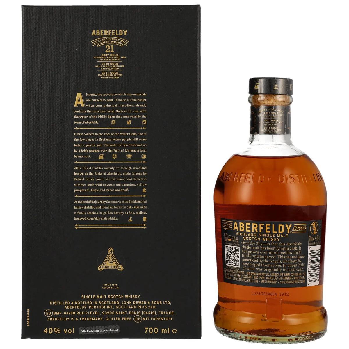 Rückansicht Aberfeldy 21 Jahre Highland Single Malt Scotch Whisky mit Geschenkverpackung