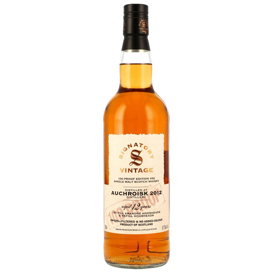 Vorderseite der Single Malt Whiskyflasche Auchroisk 100 Proof Edition #52 12 Jahre 2012/2025