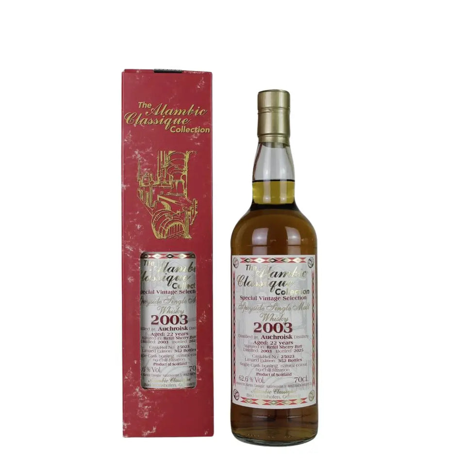 Vorderseite der Flasche und Verpackung vom Auchroisk Special Vintage Collection 22 Jahre 2003/2025 Single Malt Scotch Whisky