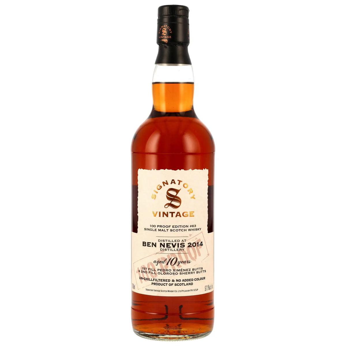 Vorderseite der Whiskyflasche Ben Nevis 100 Proof Edition #63 10 Jahre 2014/2025