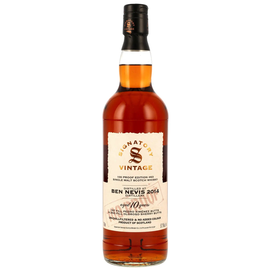 Vorderseite der Whiskyflasche Ben Nevis 100 Proof Edition #63 10 Jahre 2014/2025