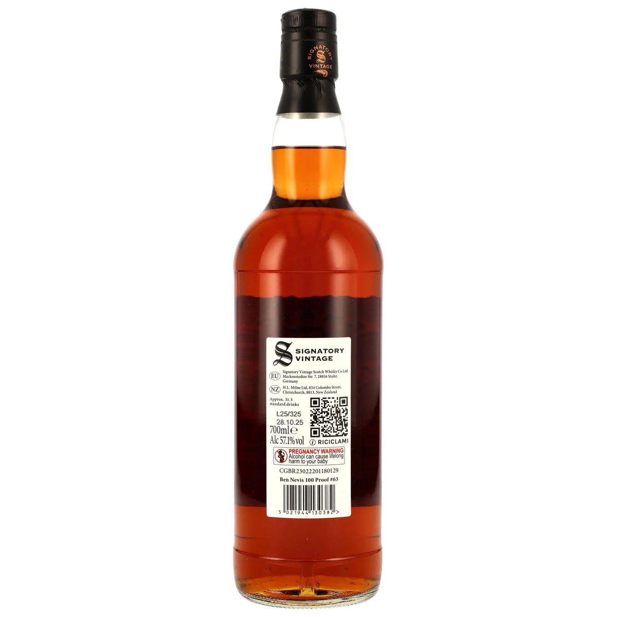 Rückseite der Whiskyflasche Ben Nevis 100 Proof Edition #63 10 Jahre 2014/2025