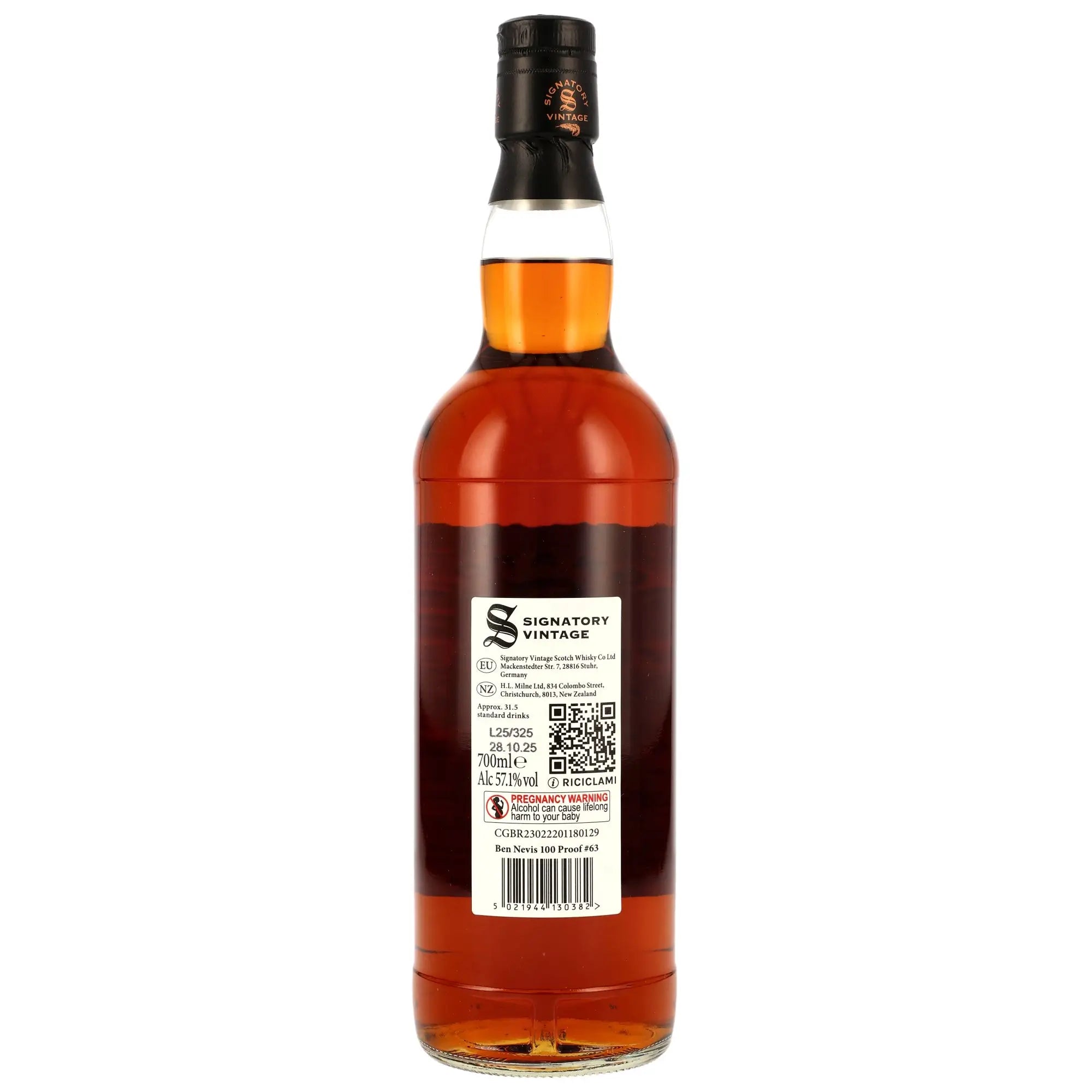 Rückseite der Whiskyflasche Ben Nevis 100 Proof Edition #63 10 Jahre 2014/2025