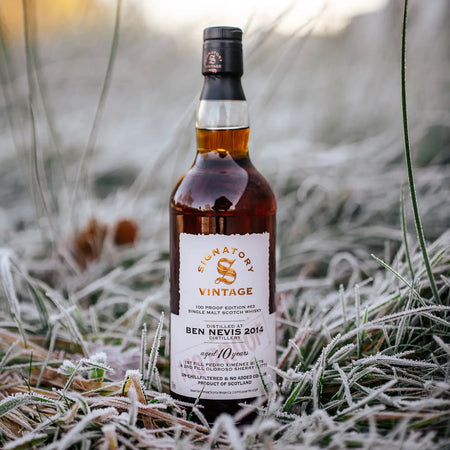  Ben Nevis 100 Proof Edition #63 10 Jahre 2014/2025 Islay Single Malt Scotch Whisky steht in gefrorenem Gras