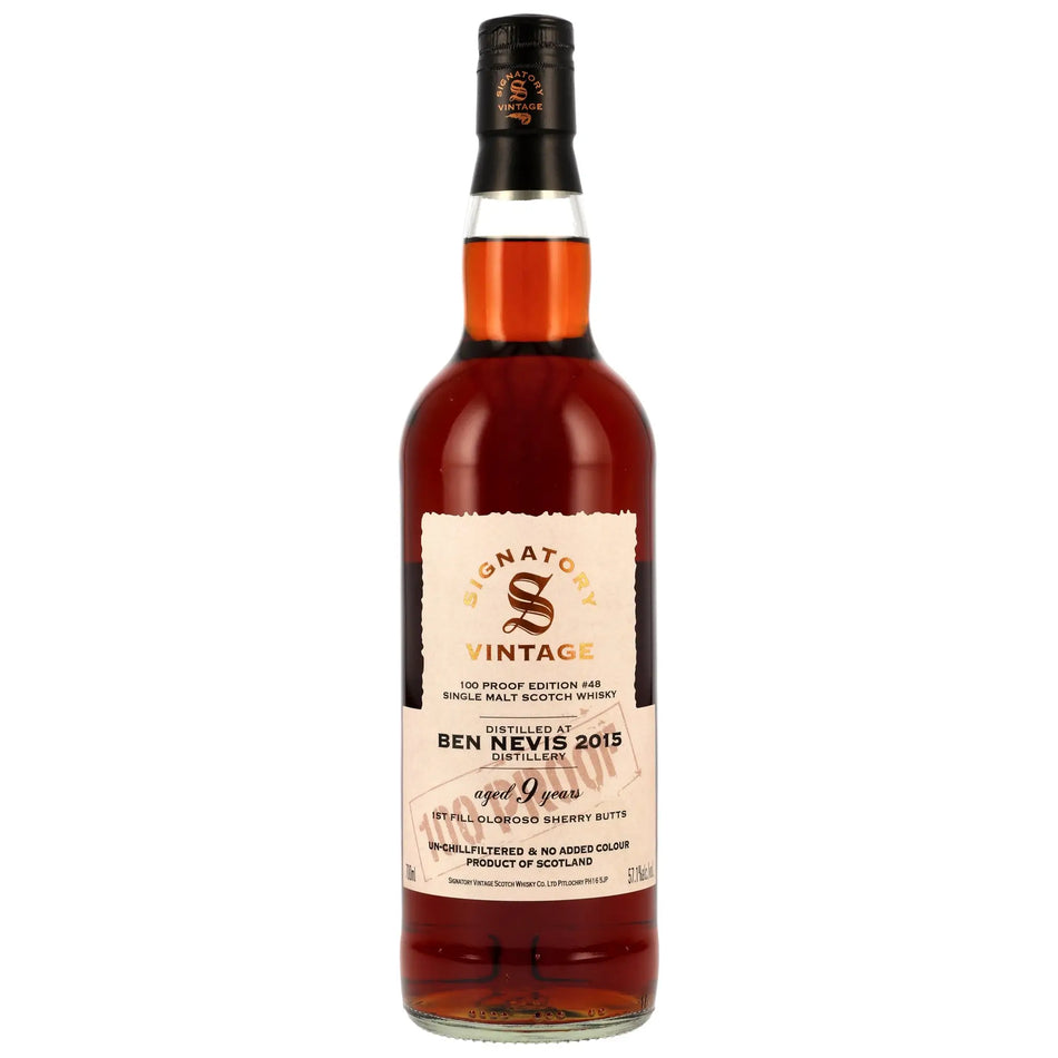 Vorderseite der Single Malt Whiskyflasche Ben Nevis 100 Proof Edition #48 9 Jahre 2015/2025