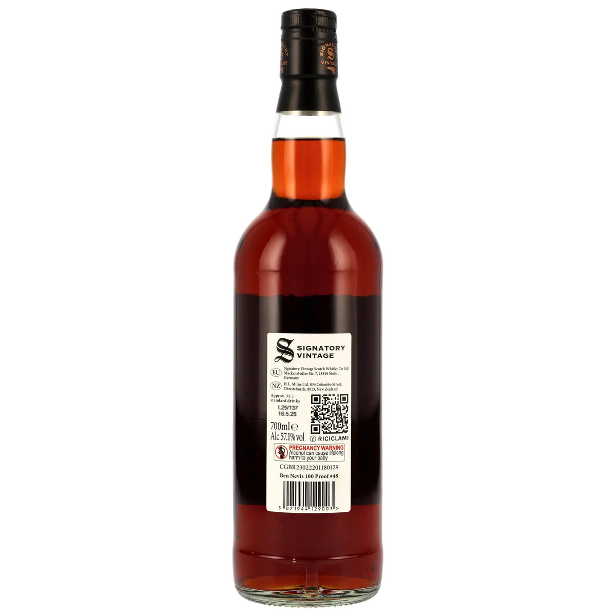 Rückseite der Single Malt Whiskyflasche Ben Nevis 100 Proof Edition #48 9 Jahre 2015/2025