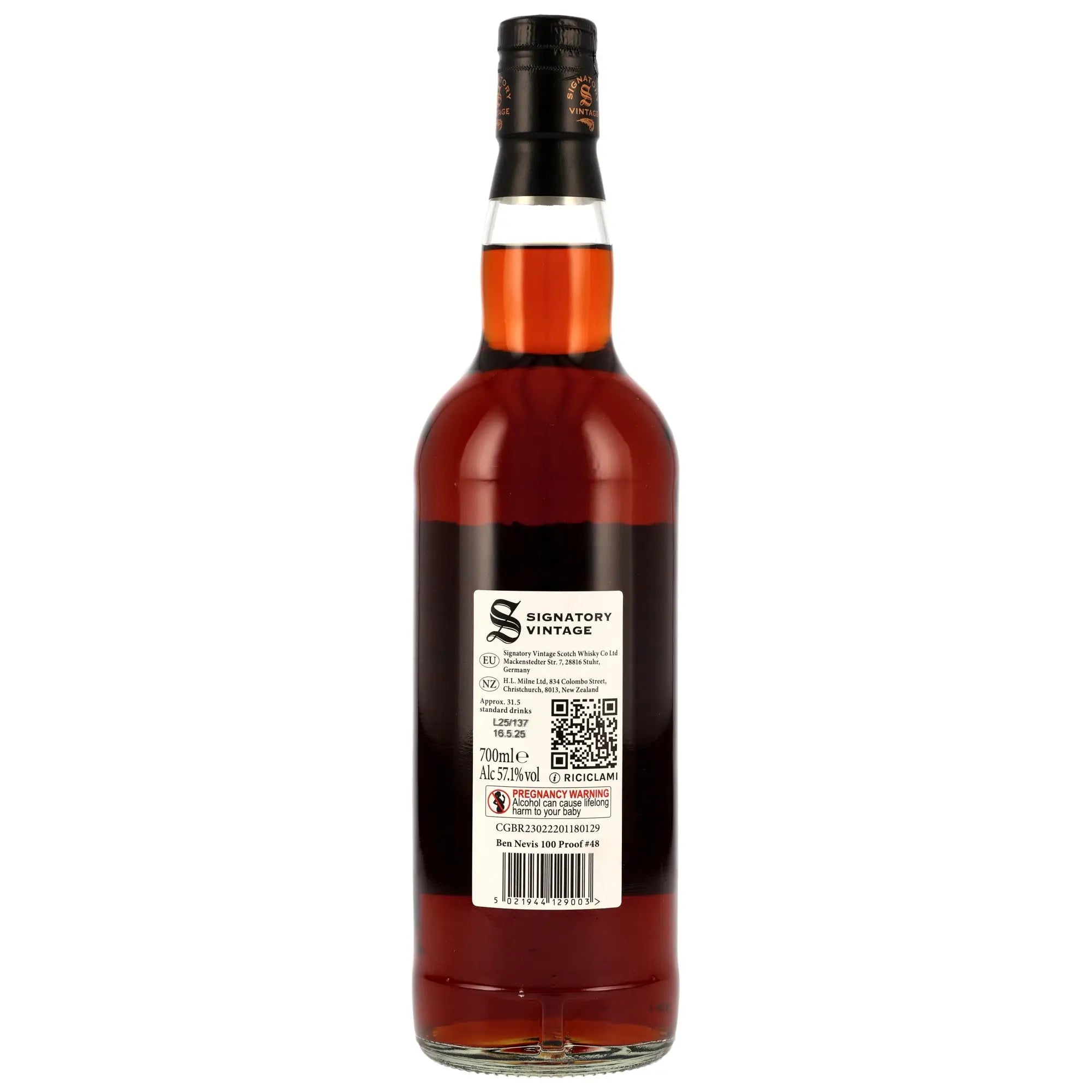 Rückseite der Single Malt Whiskyflasche Ben Nevis 100 Proof Edition #48 9 Jahre 2015/2025