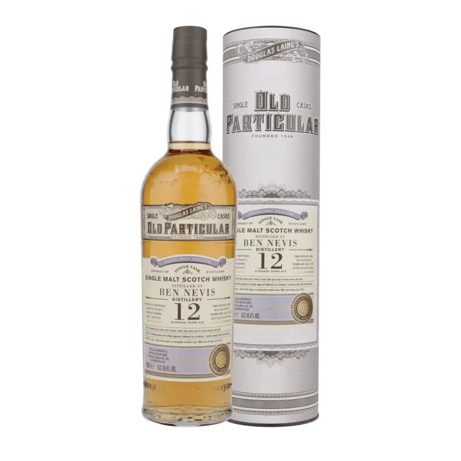 Vorderseite der Flasche und Verpackung vom Ben Nevis Old Particular 12 Jahre 2012/2024 Single Malt Scotch Whisky