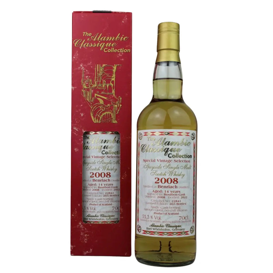 Vorderseite der Flasche und Verpackung vom Benriach Special Vintage Collection 14 Jahre 2008/2022 Single Malt Scotch Whisky 