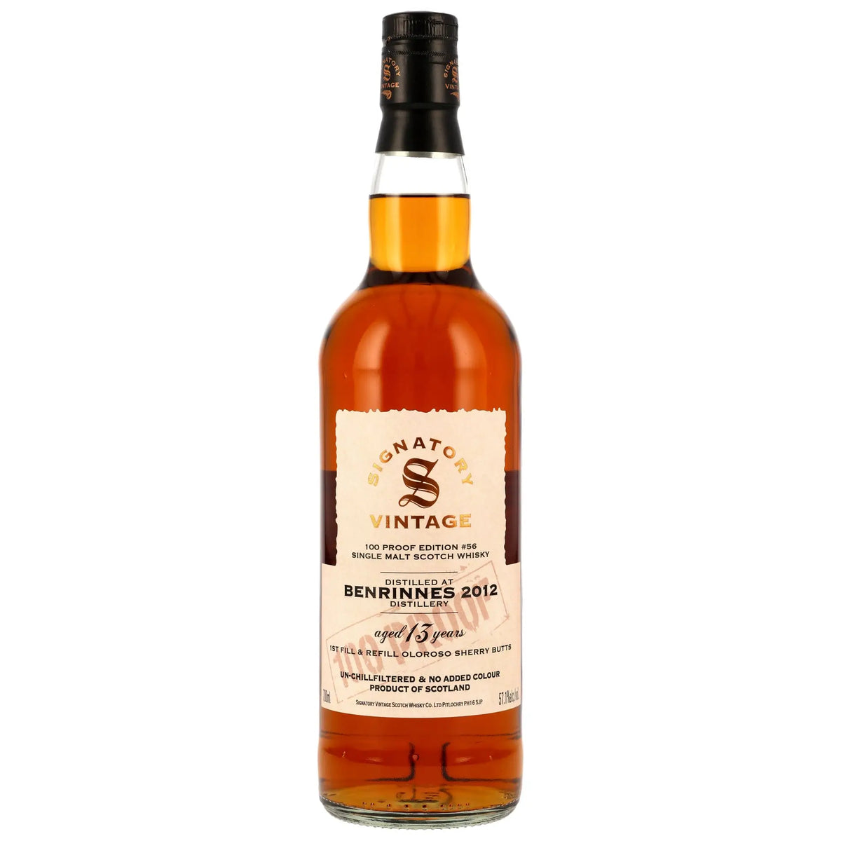 Vorderseite der Whiskyflasche Benrinnes 100 Proof Edition #56 13 Jahre 2012/2025 Single Malt Whisky