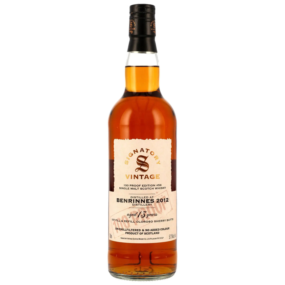 Vorderseite der Whiskyflasche Benrinnes 100 Proof Edition #56 13 Jahre 2012/2025 Single Malt Whisky