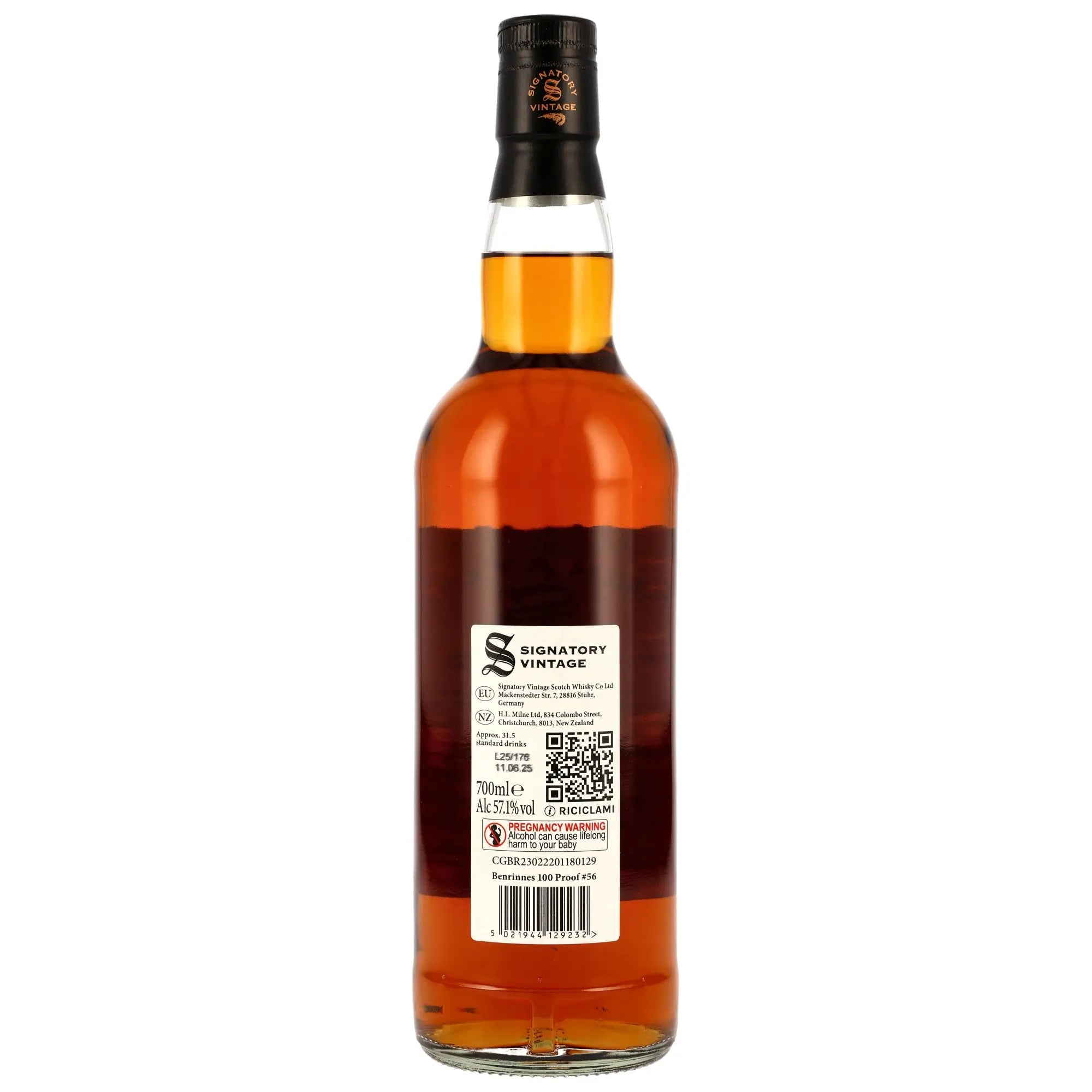 Rückseite der Whiskyflasche Benrinnes 100 Proof Edition #56 13 Jahre 2012/2025 Single Malt Whisky