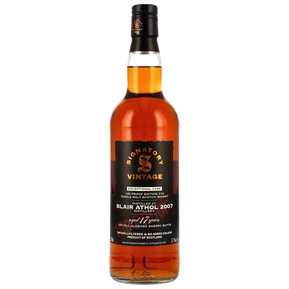 Vorderseite der Whiskyflasche Blair Athol 100 Proof Exceptional Cask Edition #12 17 Jahre 2007/2025