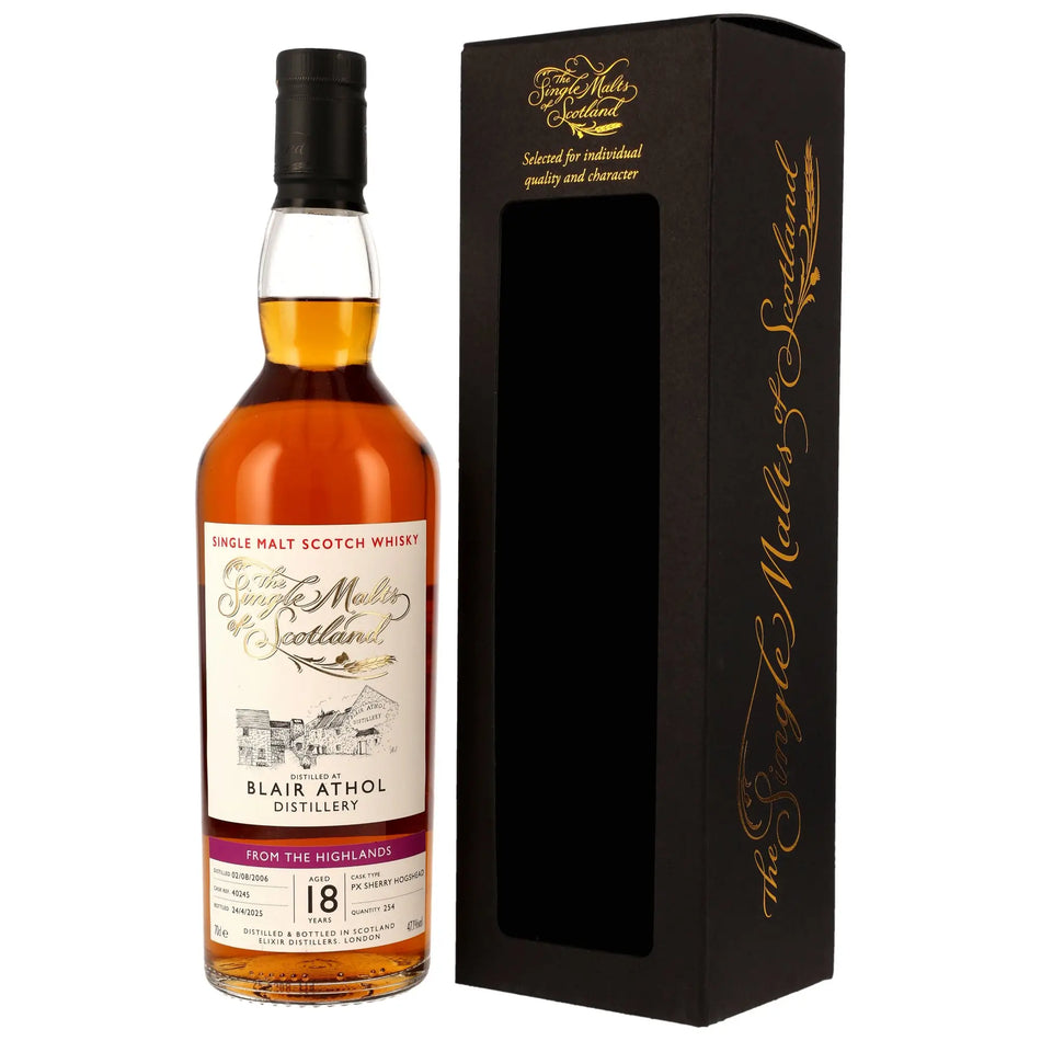 Vorderseite der Flasche und Verpackung vom Blair Athol The Single Malts of Scotland 18 Jahre 2006/2025 Single Malt Scotch Whisky