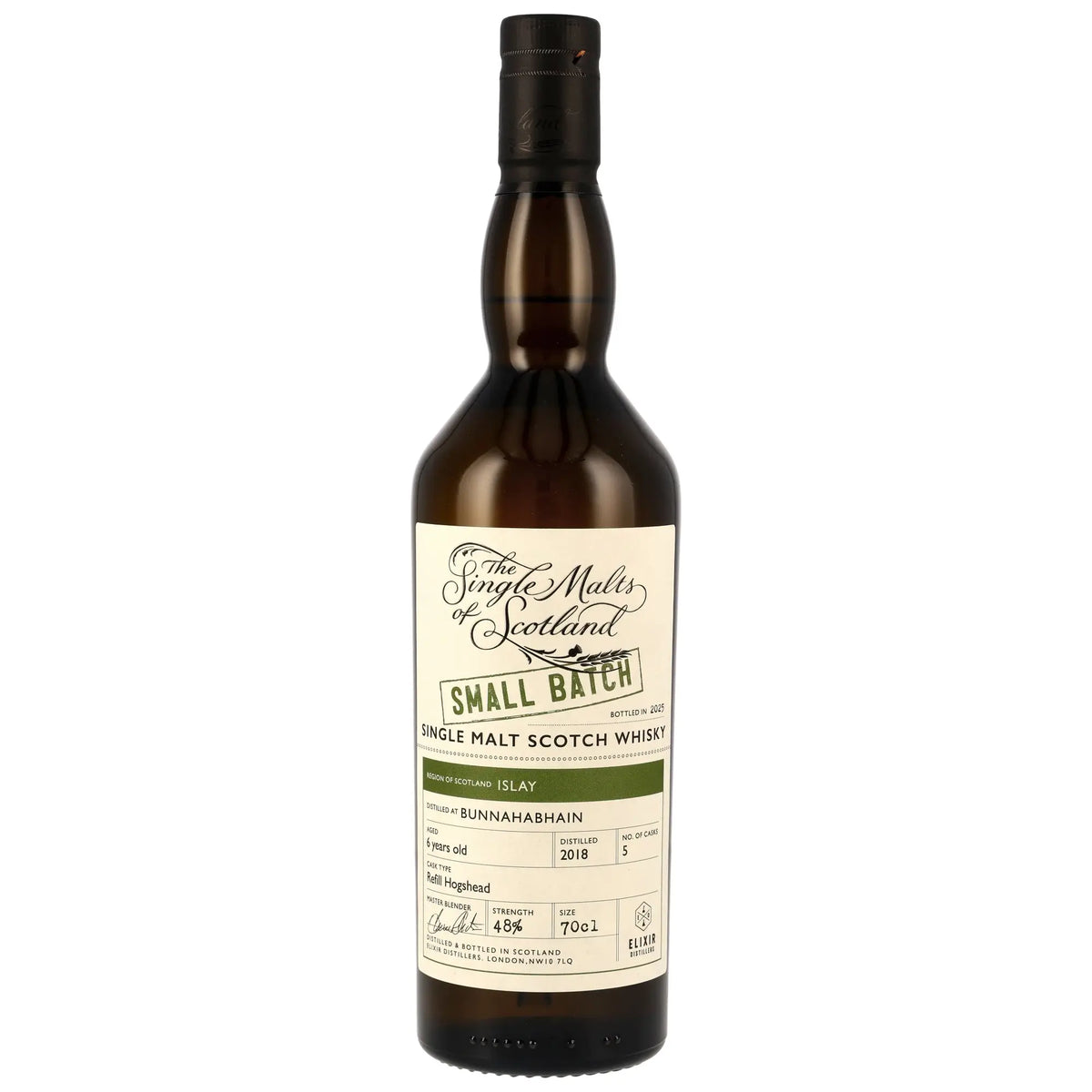 Vorderseite der WhiskyflascheBunnahabhain Peated Small Batch 6 Jahre 2018/2025
