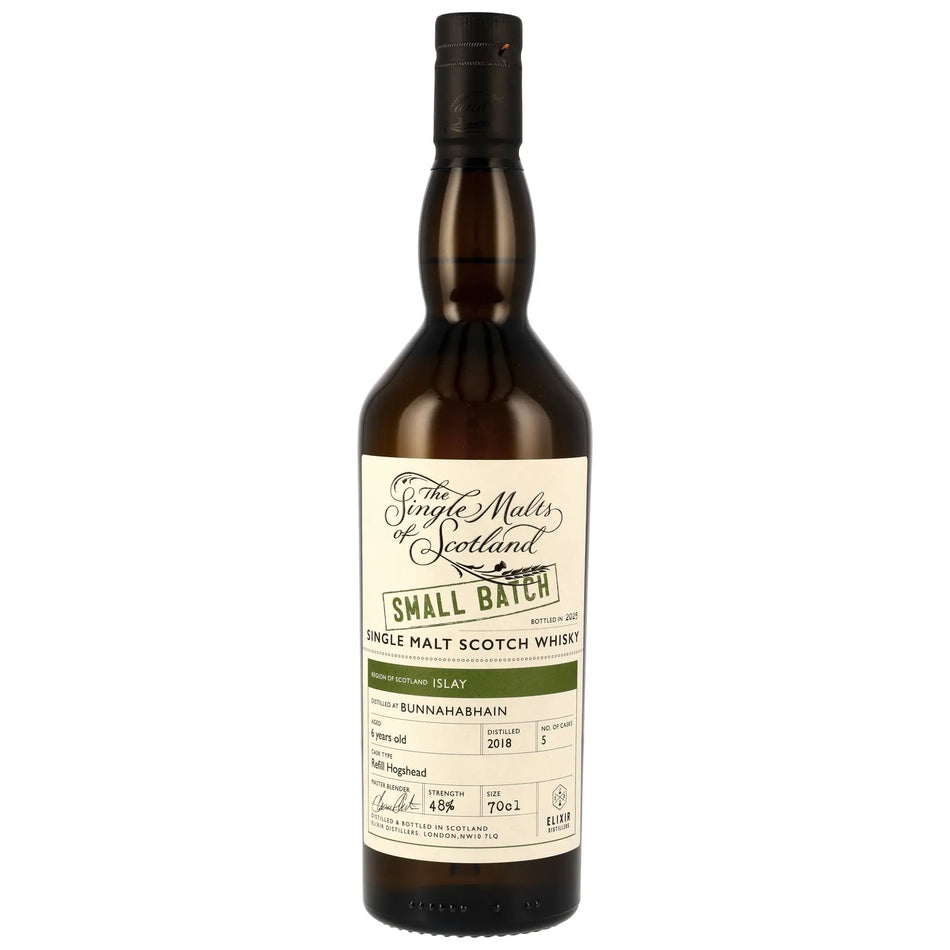 Vorderseite der WhiskyflascheBunnahabhain Peated Small Batch 6 Jahre 2018/2025