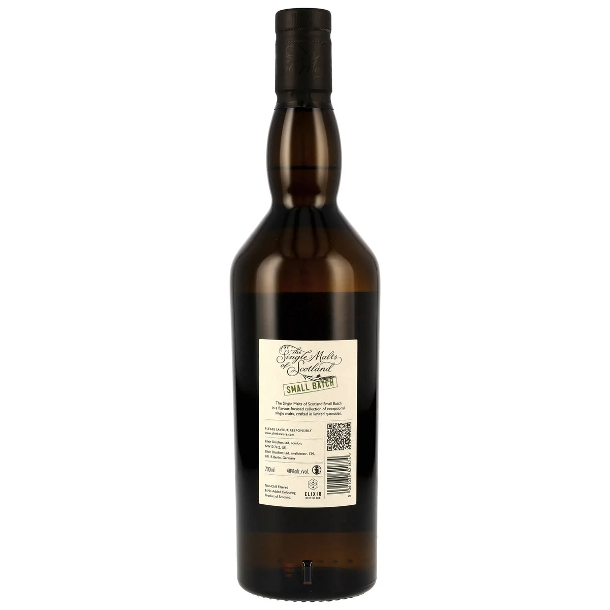 Rückseite der Whiskyflasche Bunnahabhain Peated Small Batch 6 Jahre 2018/2025