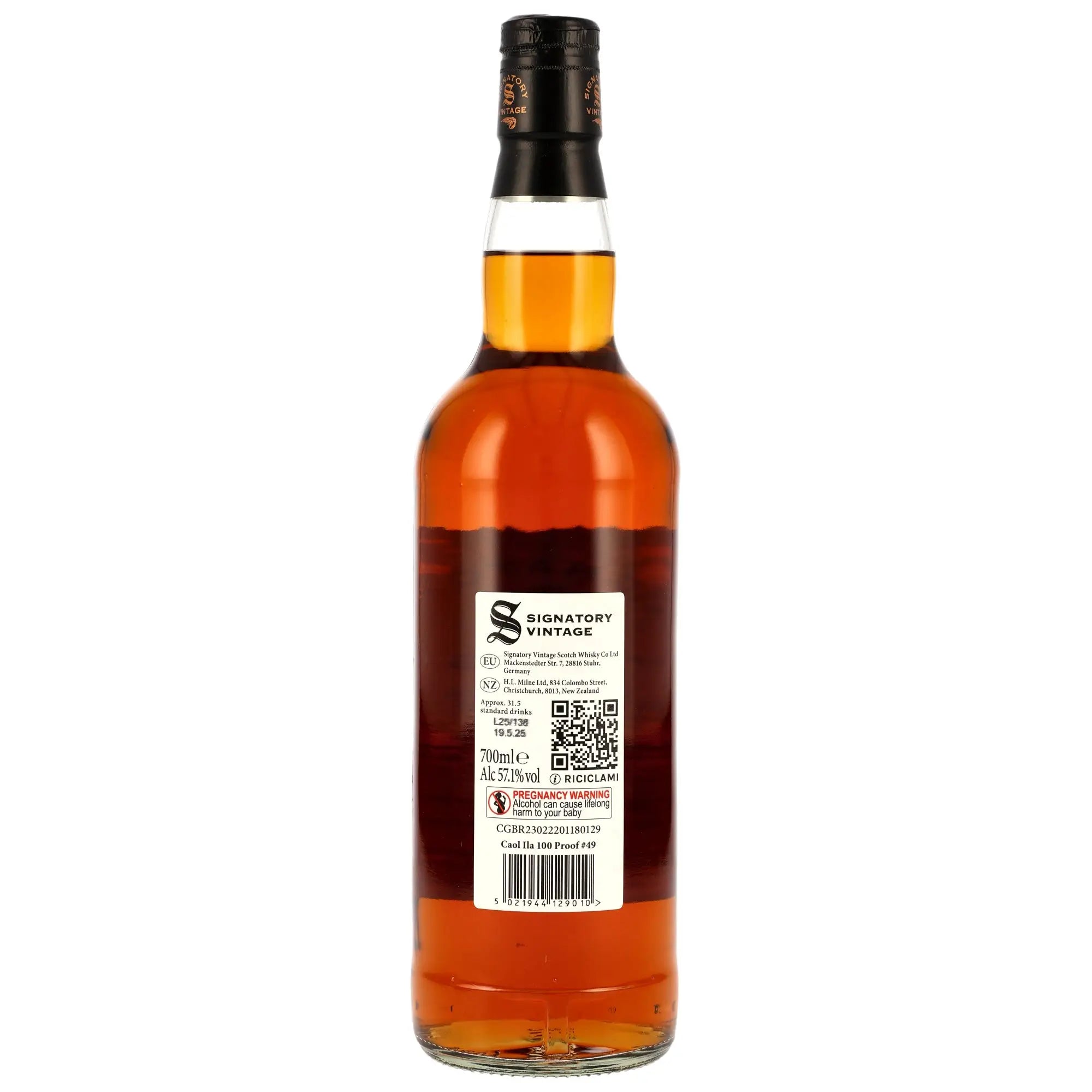 Rückseite der Whiskyflasche Caol Ila 100 Proof Edition #49 10 Jahre 2014/2025