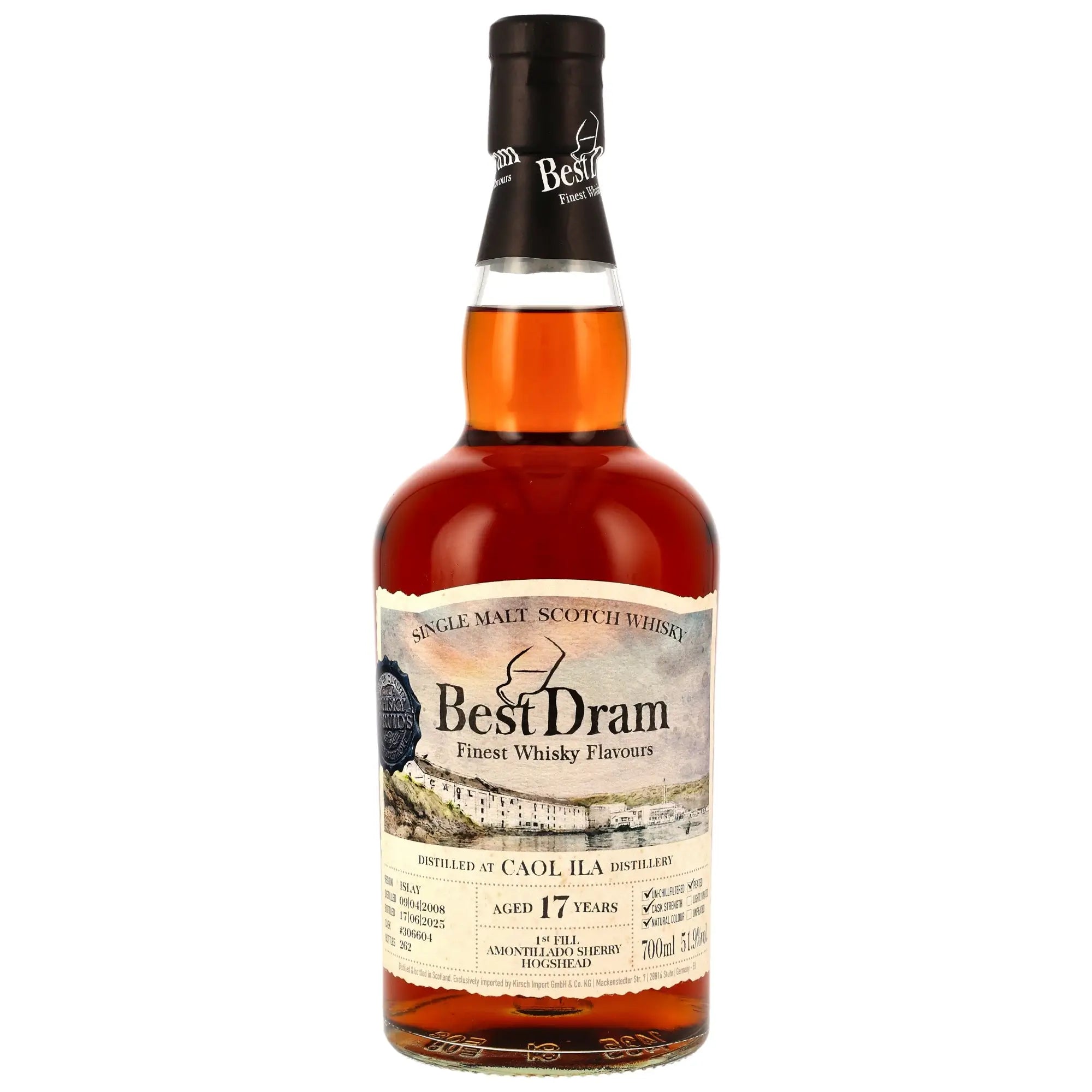 Vorderseite der Whiskyflasche Caol Ila Best Dram 17 Jahre 2008/2025 Single Malt Whisky