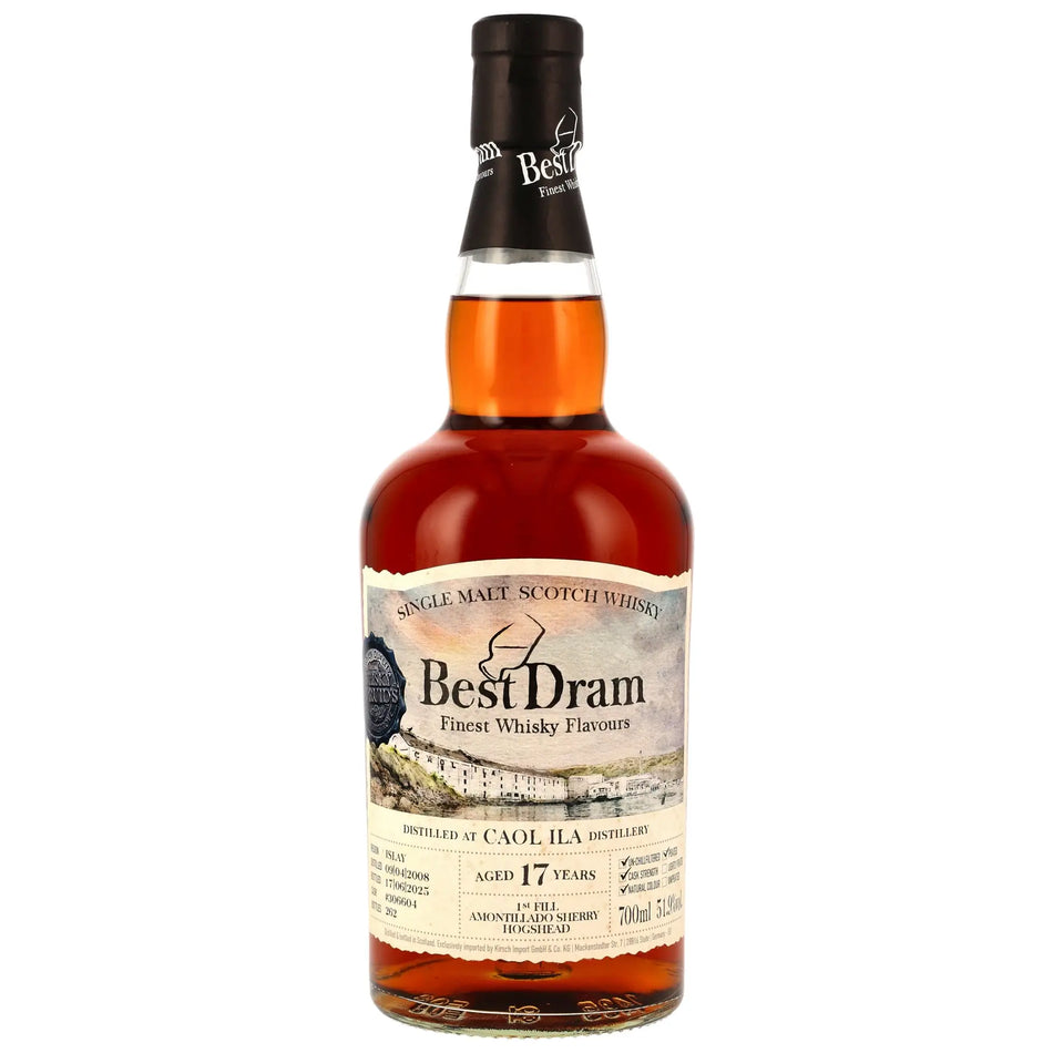 Vorderseite der Whiskyflasche Caol Ila Best Dram 17 Jahre 2008/2025 Single Malt Whisky