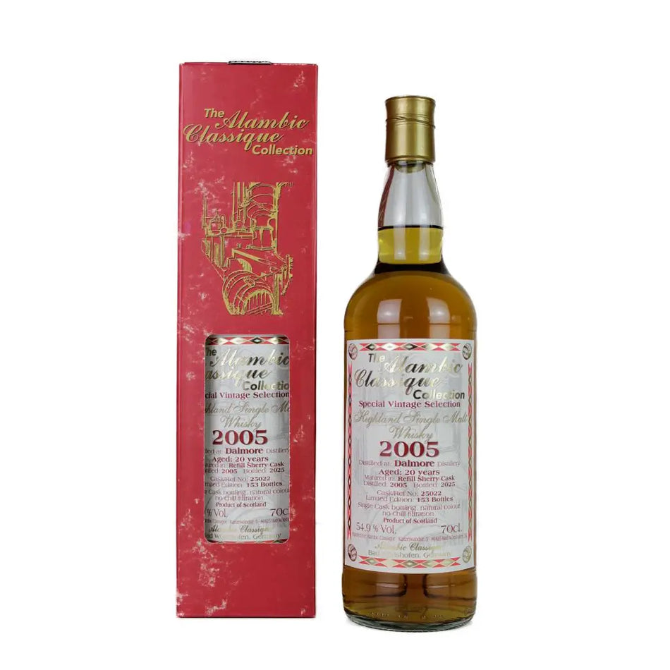 Vorderseite der Flasche und Verpackung vom Dalmore Special Vintage Collection 20 Jahre 2005/2025 Single Malt Scotch Whisky