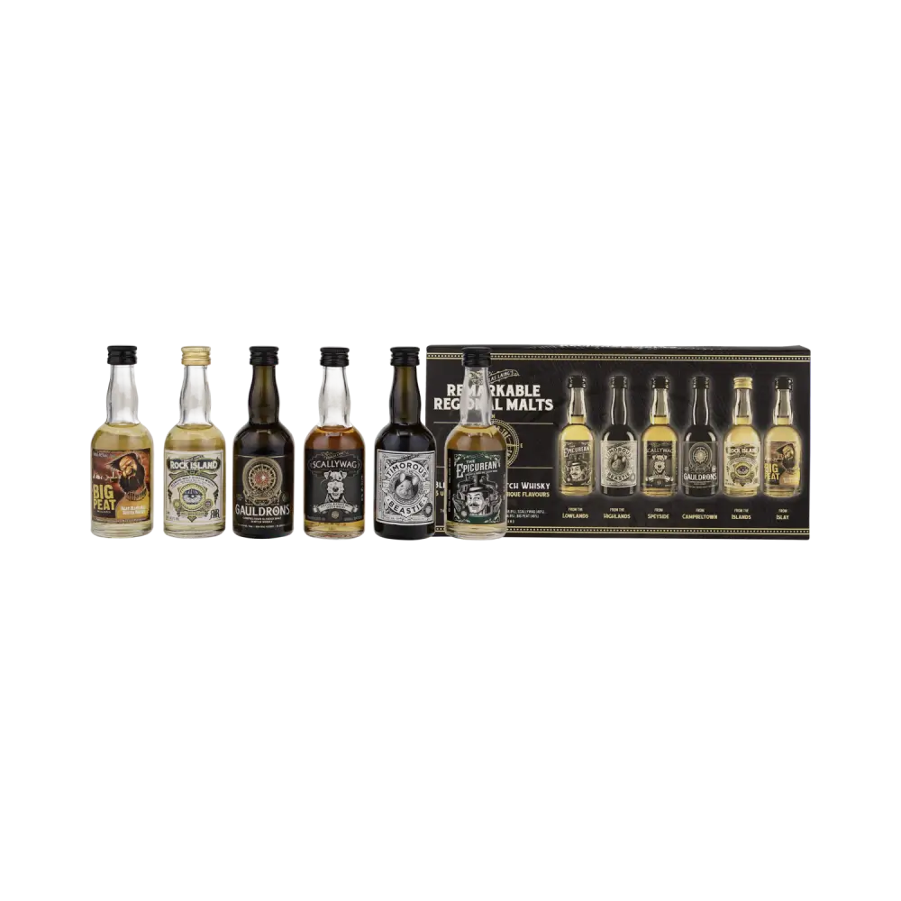 Douglas Laings Remarkable Regonal Malts mit den sechs Whiskys Big Peat, Rock Island, Gauldrons, Scallywag, Timorous Beaste und Epicurean Blended Malt Scotch Whisky