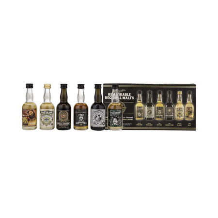 Douglas Laings Remarkable Regonal Malts mit den sechs Whiskys Big Peat, Rock Island, Gauldrons, Scallywag, Timorous Beaste und Epicurean Blended Malt Scotch Whisky
