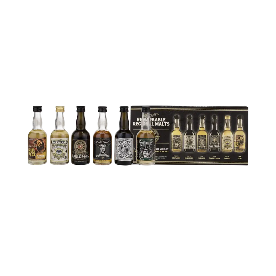 Douglas Laings Remarkable Regonal Malts mit den sechs Whiskys Big Peat, Rock Island, Gauldrons, Scallywag, Timorous Beaste und Epicurean Blended Malt Scotch Whisky