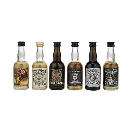 Douglas Laings Remarkable Regonal Malts mit den sechs Whiskys Big Peat, Rock Island, Gauldrons, Scallywag, Timorous Beaste und Epicurean Blended Malt Scotch Whisky