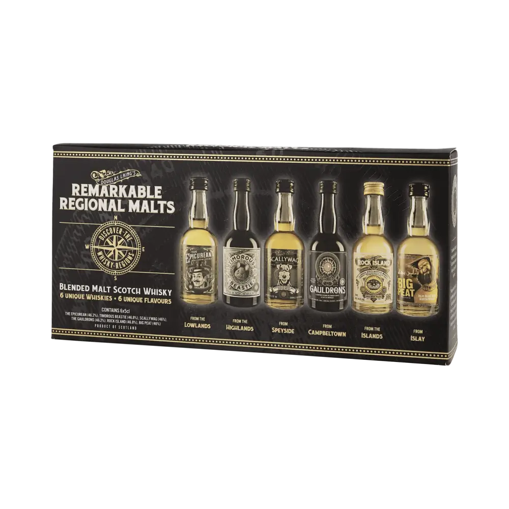 Douglas Laings Remarkable Regonal Malts mit den sechs Whiskys Big Peat, Rock Island, Gauldrons, Scallywag, Timorous Beaste und Epicurean Blended Malt Scotch Whisky