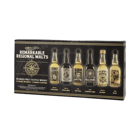 Douglas Laings Remarkable Regonal Malts mit den sechs Whiskys Big Peat, Rock Island, Gauldrons, Scallywag, Timorous Beaste und Epicurean Blended Malt Scotch Whisky