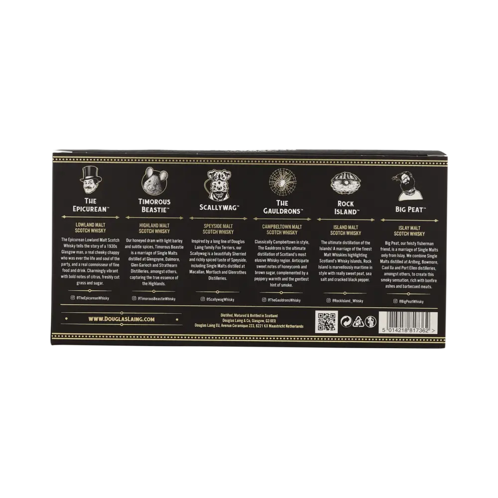 Douglas Laings Remarkable Regonal Malts mit den sechs Whiskys Big Peat, Rock Island, Gauldrons, Scallywag, Timorous Beaste und Epicurean Blended Malt Scotch Whisky