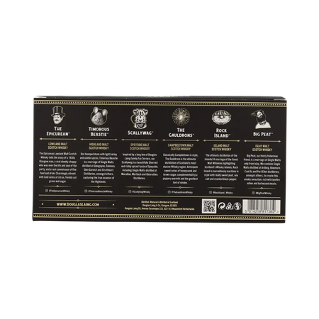 Douglas Laings Remarkable Regonal Malts mit den sechs Whiskys Big Peat, Rock Island, Gauldrons, Scallywag, Timorous Beaste und Epicurean Blended Malt Scotch Whisky