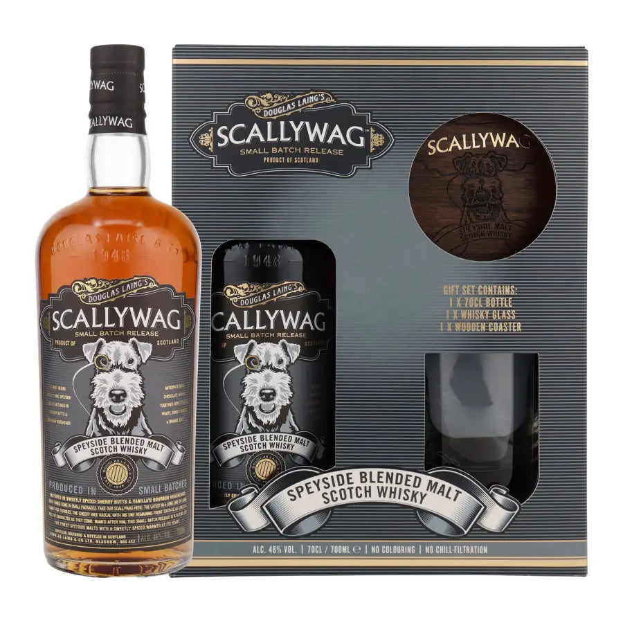 Scallywag Blended Malt Scotch Whisky mit Glas und Holzuntersetzer in Geschenkverpackung