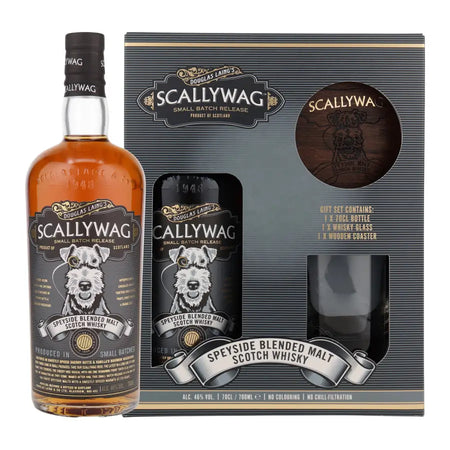 Scallywag Blended Malt Scotch Whisky mit Glas und Holzuntersetzer in Geschenkverpackung
