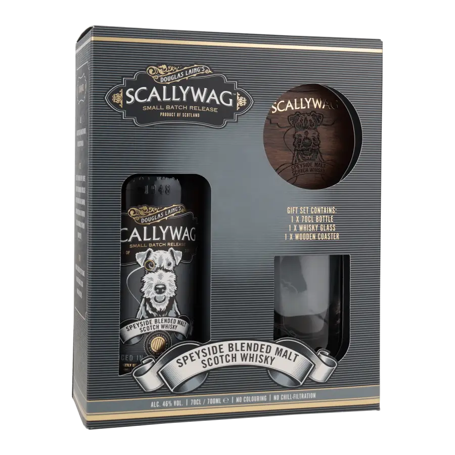Scallywag Blended Malt Scotch Whisky mit Glas und Holzuntersetzer in Geschenkverpackung