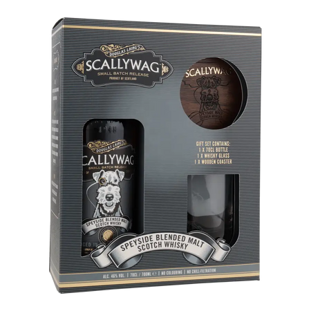 Scallywag Blended Malt Scotch Whisky mit Glas und Holzuntersetzer in Geschenkverpackung
