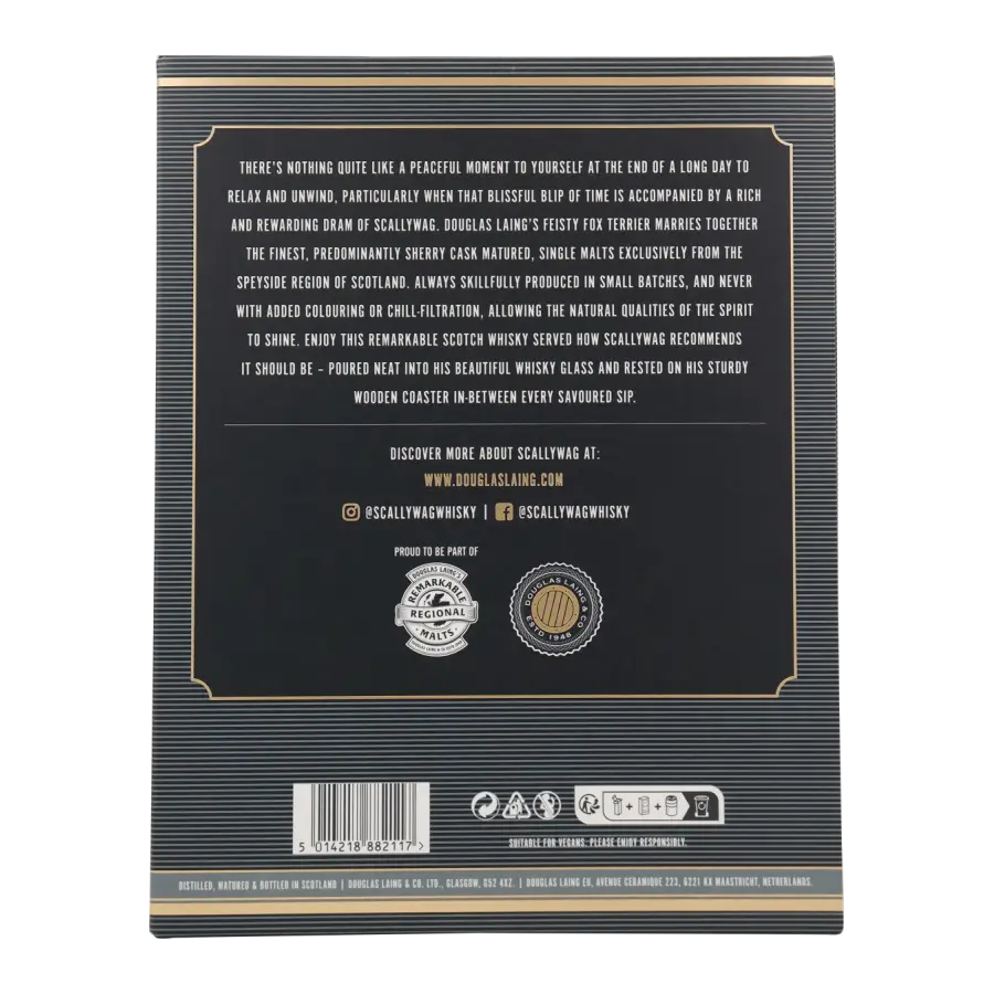 Scallywag Blended Malt Scotch Whisky mit Glas und Holzuntersetzer in Geschenkverpackung