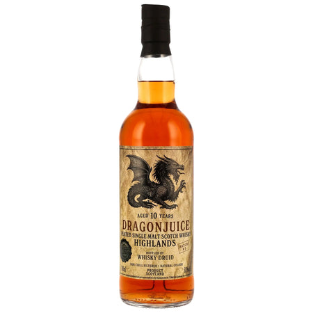 Vorderseite der Whiskyflasche Dragonjuice Highlands Peated 10 Jahre. Etikett mit Drachenabbildung