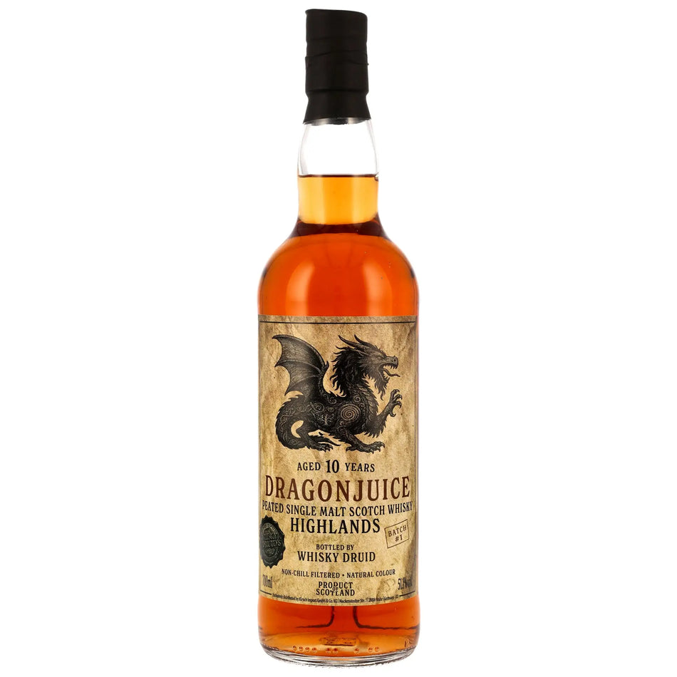 Vorderseite der Whiskyflasche Dragonjuice Highlands Peated 10 Jahre. Etikett mit Drachenabbildung