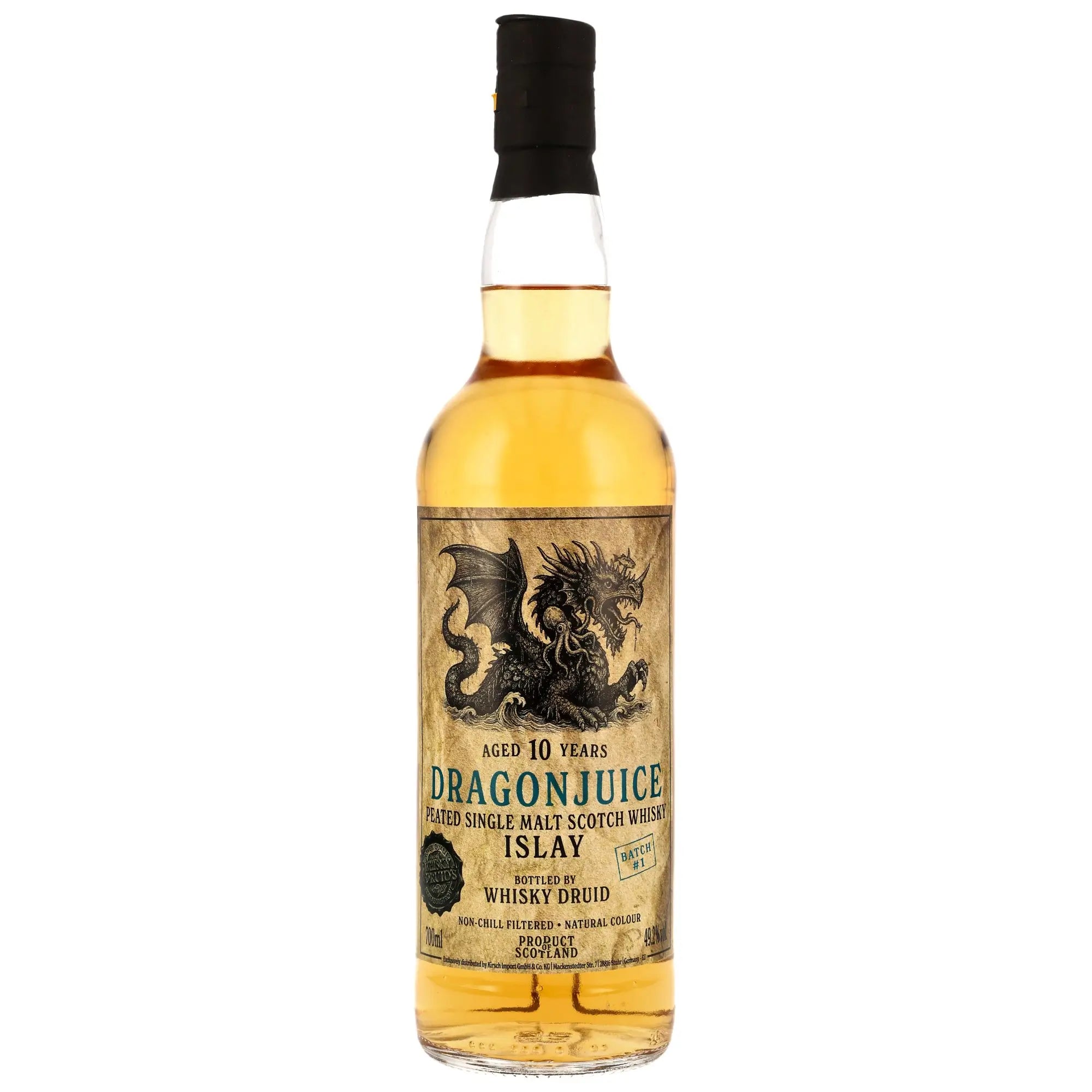 Vorderseite der Whiskyflasche Dragonjuice Islay 10 Jahre Batch 1 Single Malt Whisky